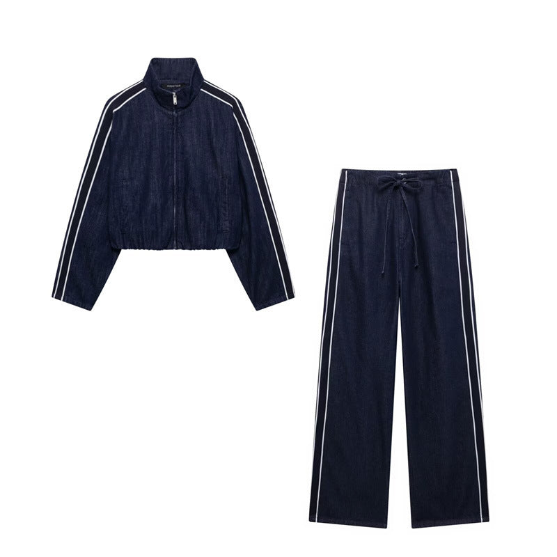 Foreign Trade Order Spring New Suit Patchwork Stripes Coat Wide Leg Pants Design Sense Niche Temperament 6929075