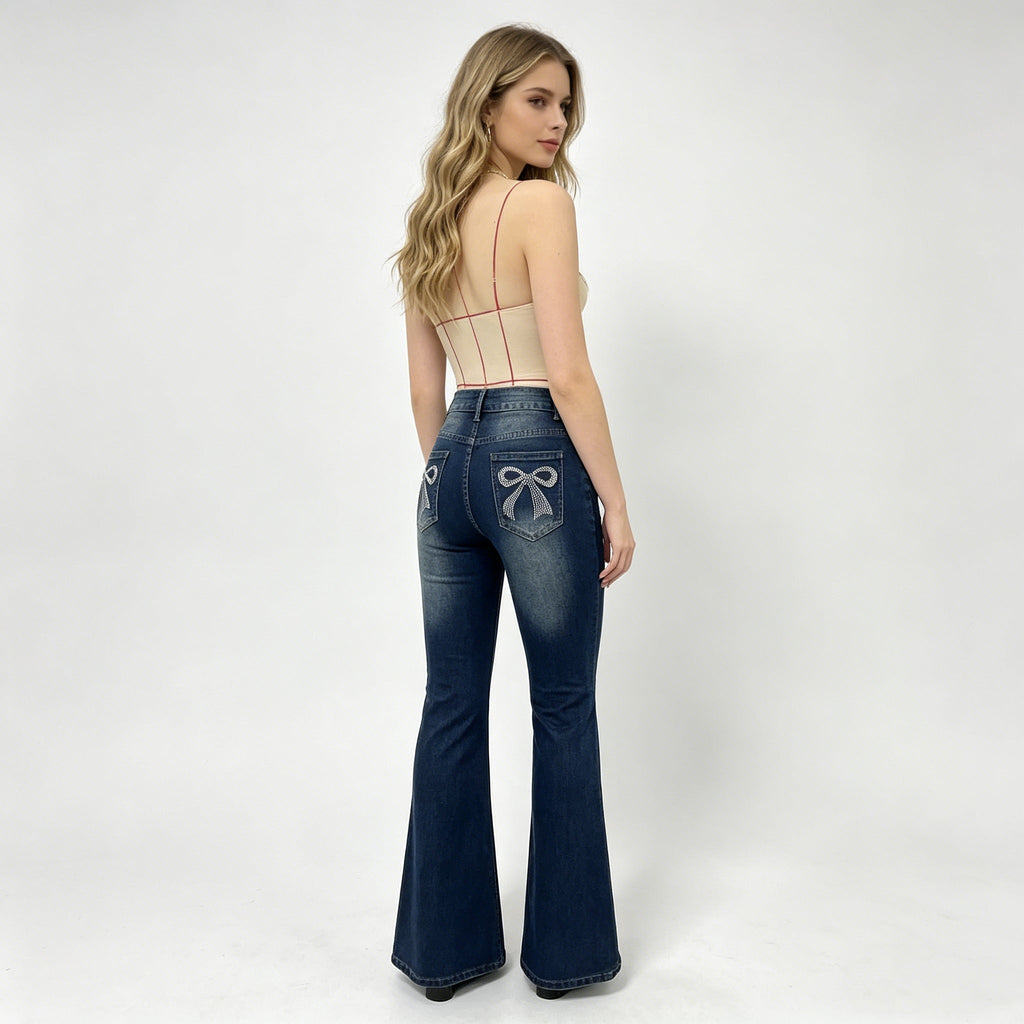 Women's Flared Jeans With Back Pocket Bow & Rhinestone Detail