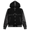 Hooded Varsity Jacket in Wool and Leather - Black